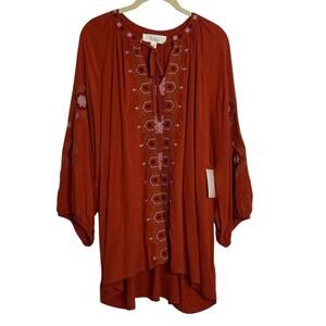 Nurture by Westbound Womens Tunic Top 1X Burnt Orange Embroidered Boho Peasant